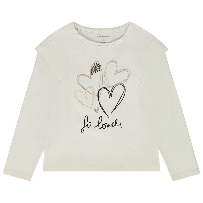 T-shirt manches longues print cœurs pour fille - Ecru