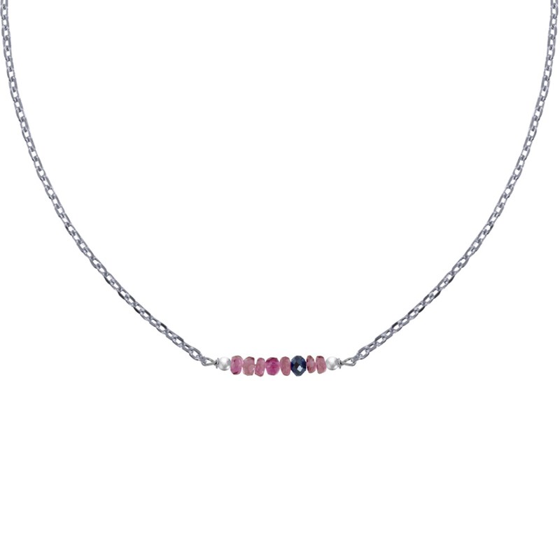 Collier Chaine Argent Rhodié Sept Perles Facettées de Tourmaline Rose et Un Diamant Noir Facettée