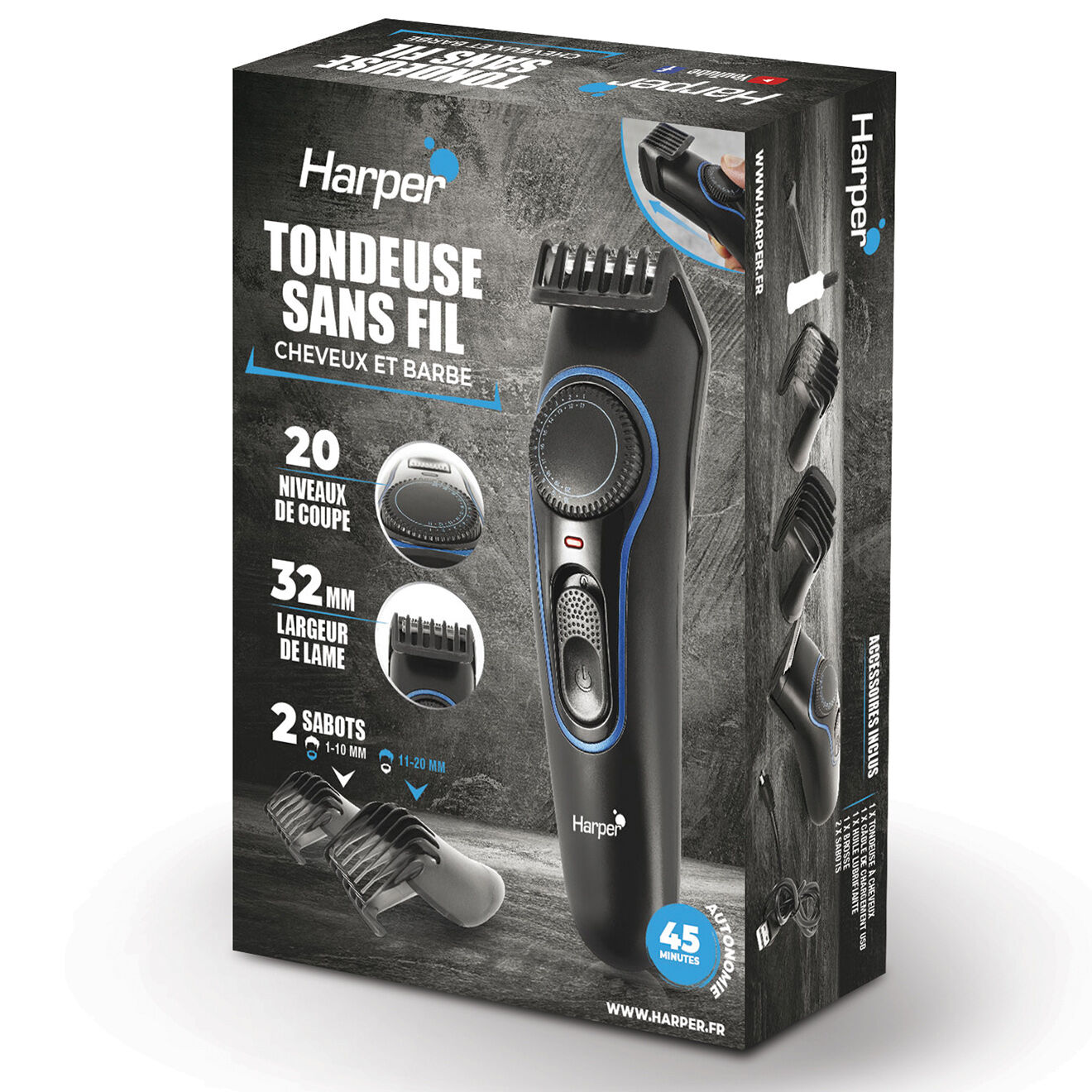 Harper Tondeuse sans fil cheveux et barbe plug and play noire