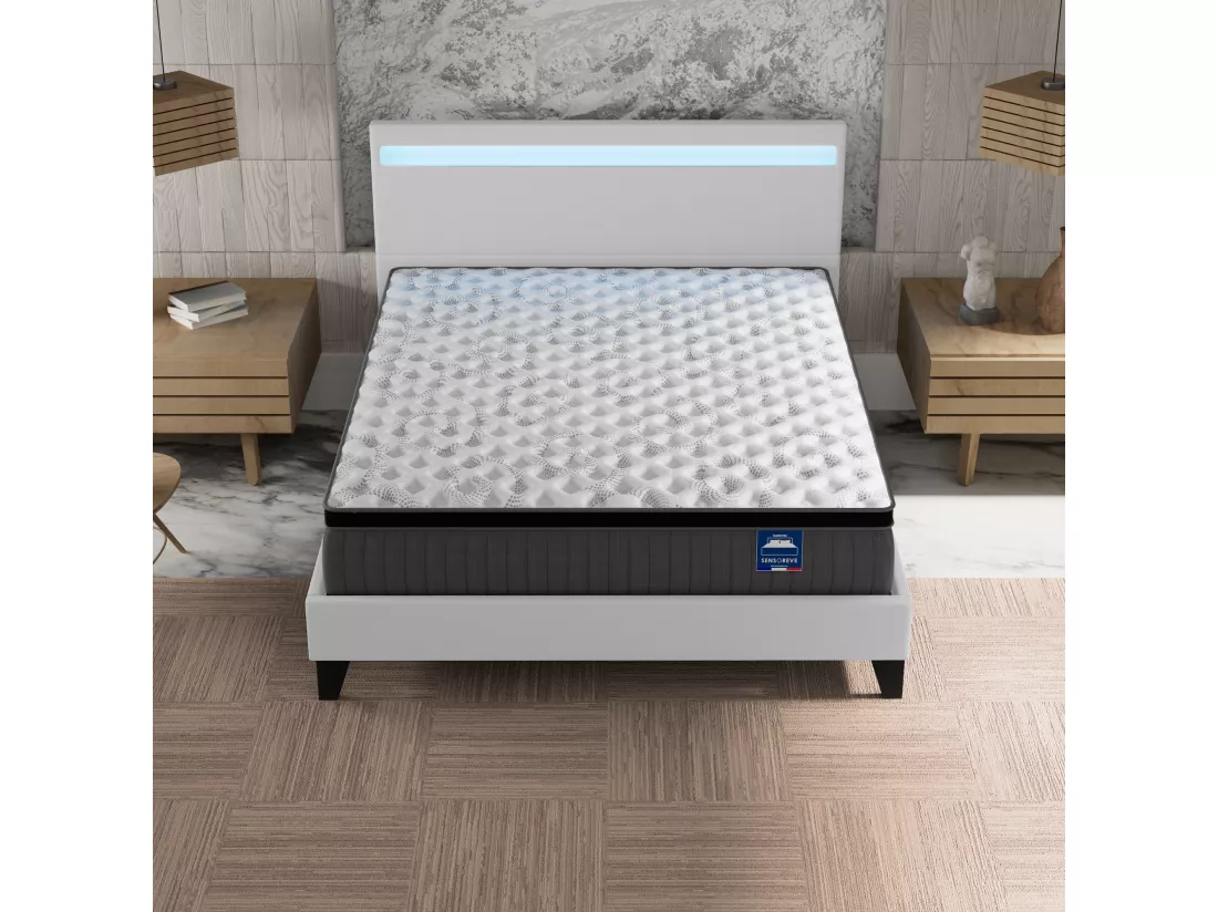 Ensemble Matelas ressorts ensachés + Lit avec tête de lit 140x190 cm, ép. 30cm accueil mémoire de forme