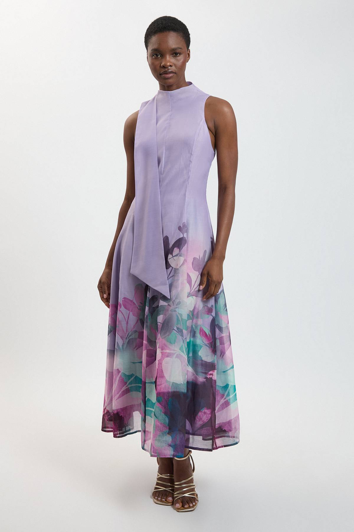 KarenMillen Robe Longue Tissée En Organza À Imprimé Floral Photographique Avec Détail Foulard