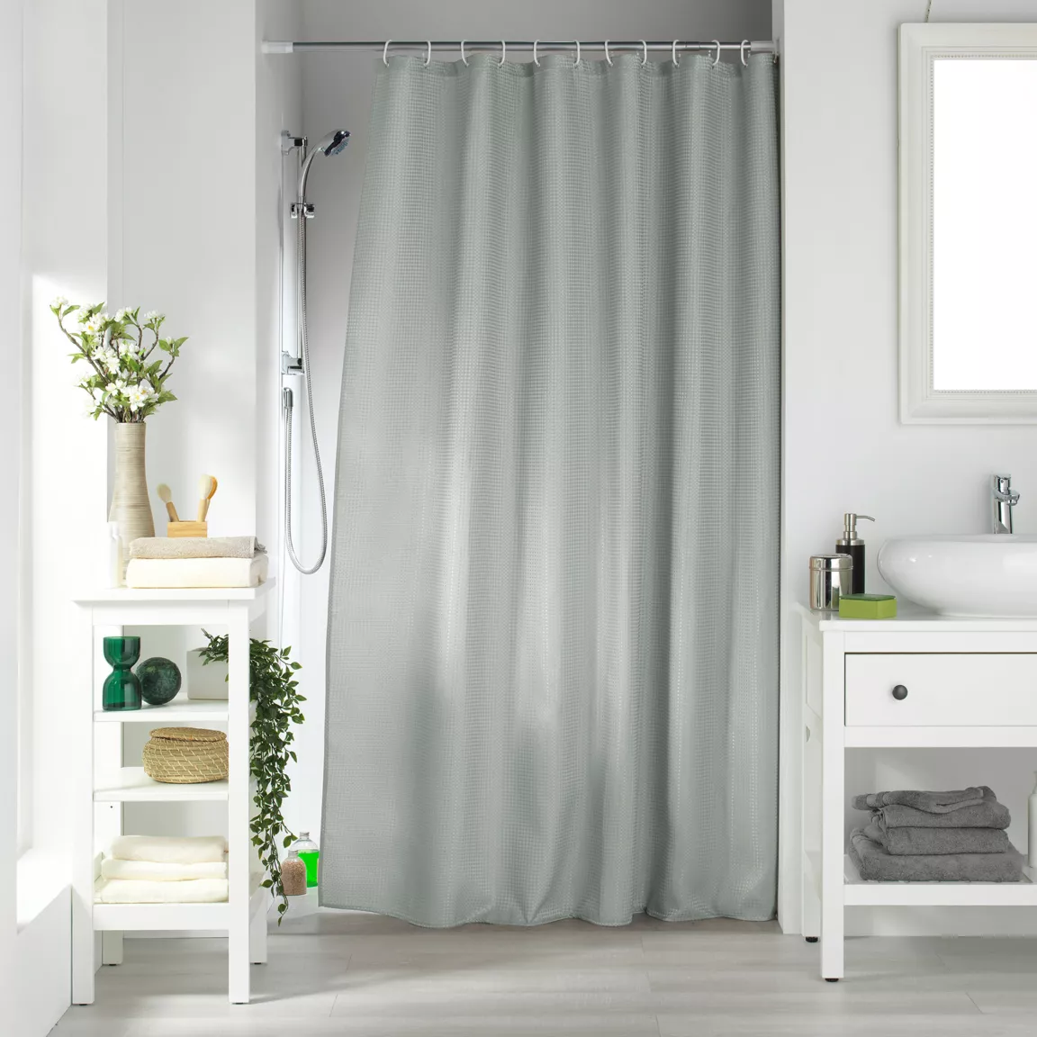 Rideau de douche effet tissé à anneaux (180 x 200 cm) Quartz Gris clair