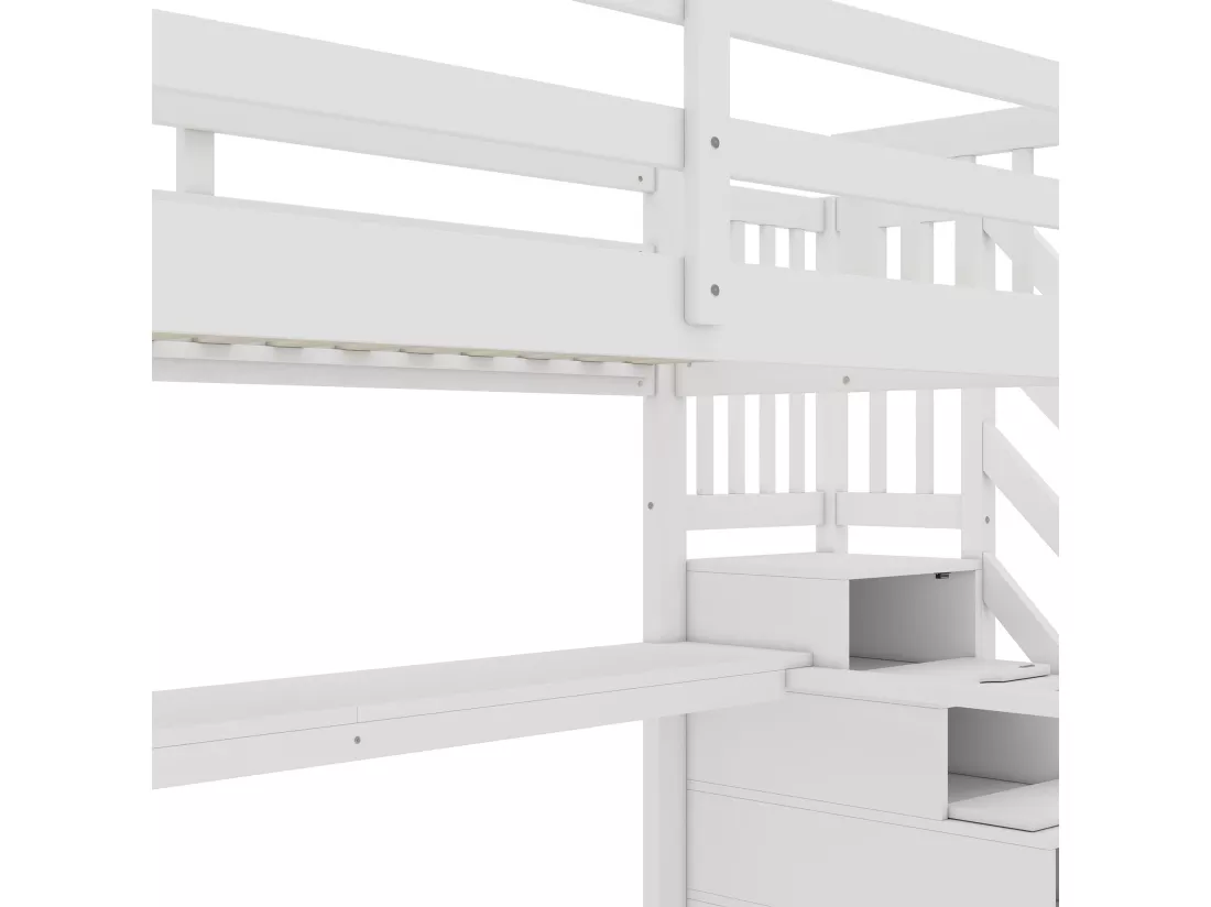 Lit mezzanine en bois de pin - 90x200cm - avec escalier de rangement et bureau - avec sommier à lattes - Blanc