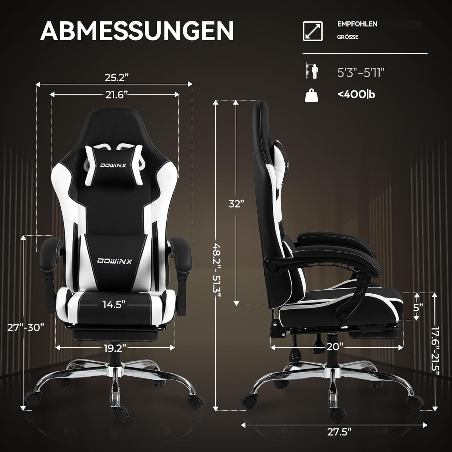 Dowinx Gaming Stuhl mit Fußstütze und Massage Lendenstütze Ergonomic Gaming Chair als Komfortabler Gaming-Sessel mit Kopfstütze, Ideal Für Büro, Home, Streaming und Lange Gaming-Sessions, Weiß