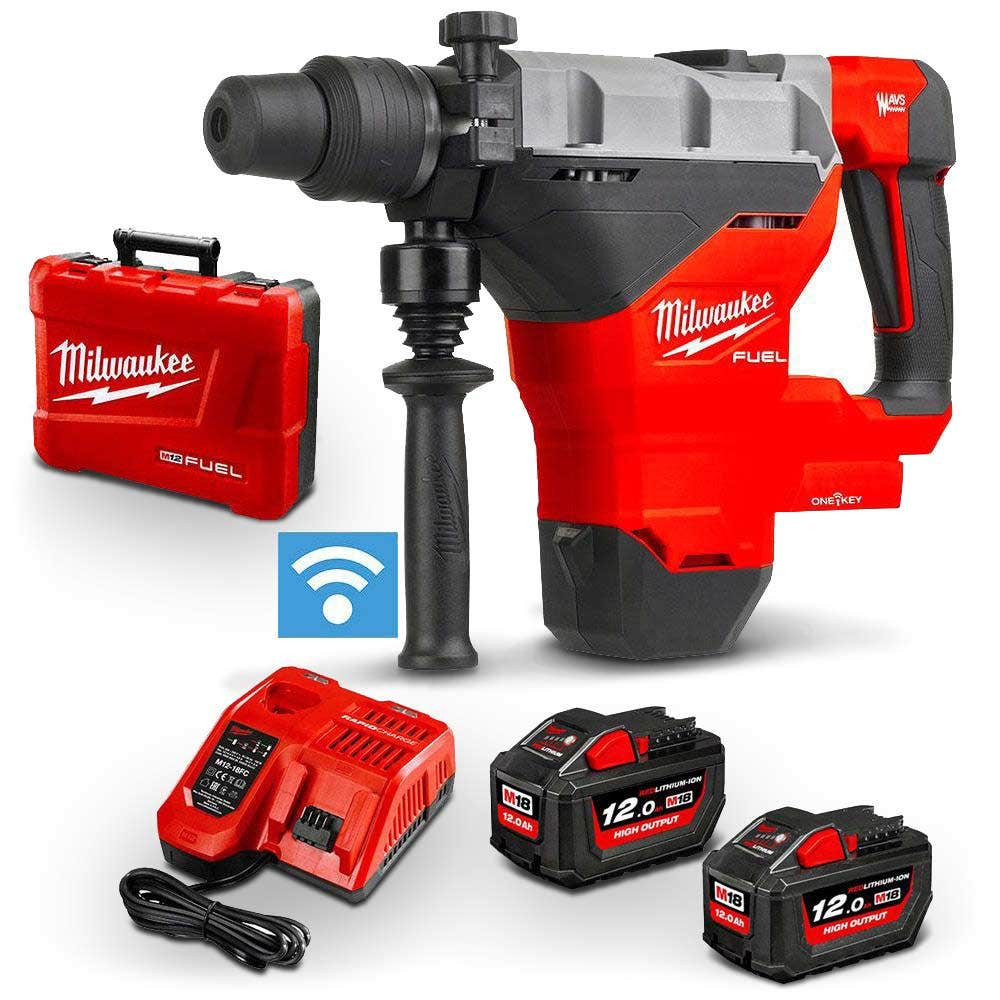 Kit de Martelo Rotativo SDS Max Milwaukee FUEL™ 18V com 2 Baterias de 12,0Ah e Encaixe de 44mm (M18FHM-122C)