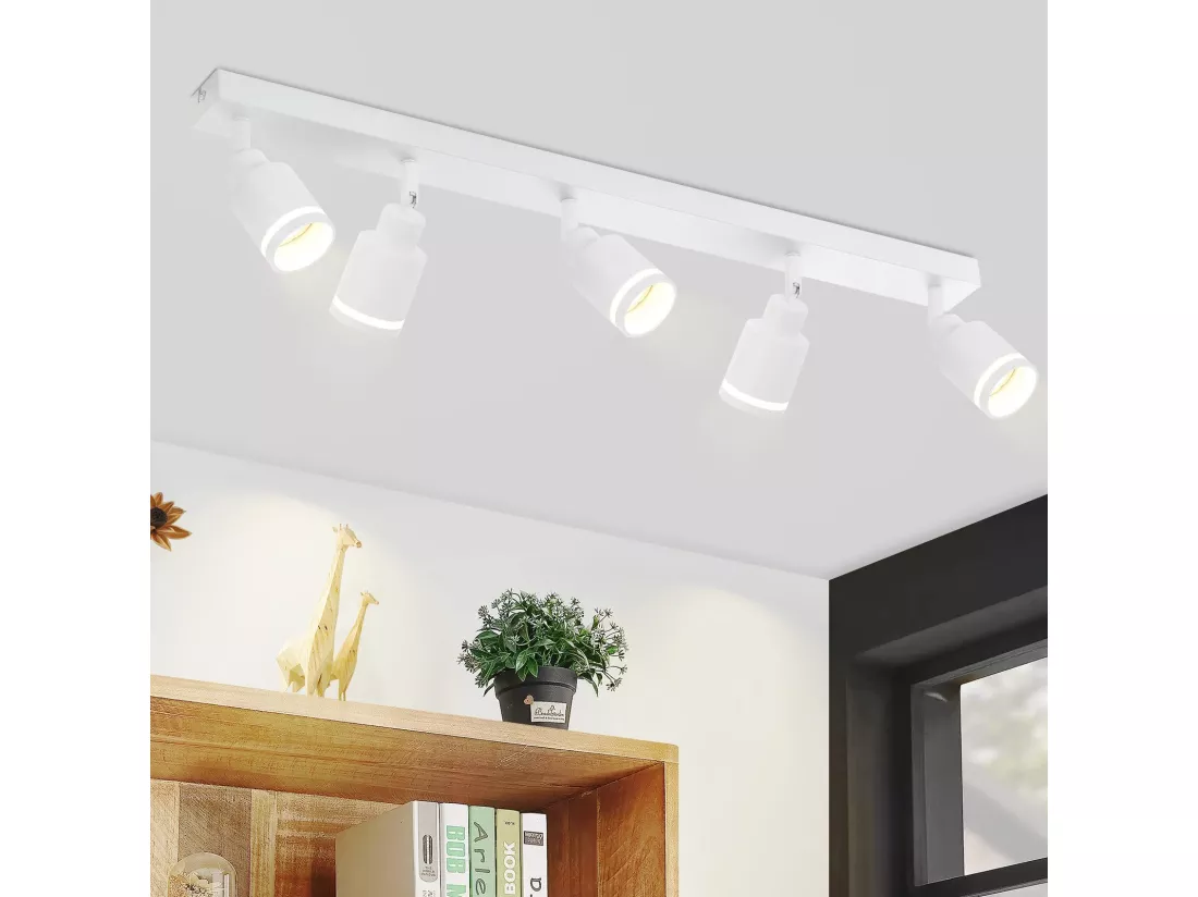 NETTLIFE Plafonnier Blanc moderne : 5 spots de plafond orientables en métal, plafonnier GU10, pour chambre, salle à manger, sans ampoule