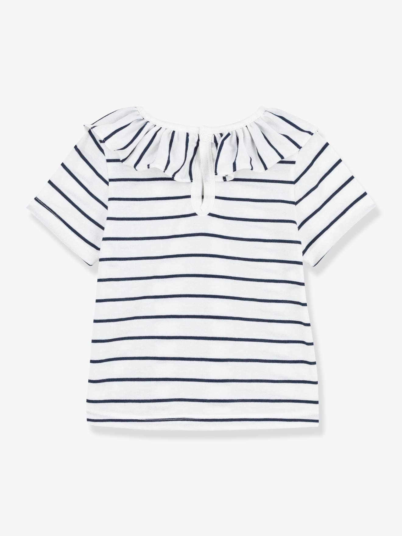 Blusa de malha listrada de manga curta para bebê PETIT BATEAU, tamanho médio, branca com listras.