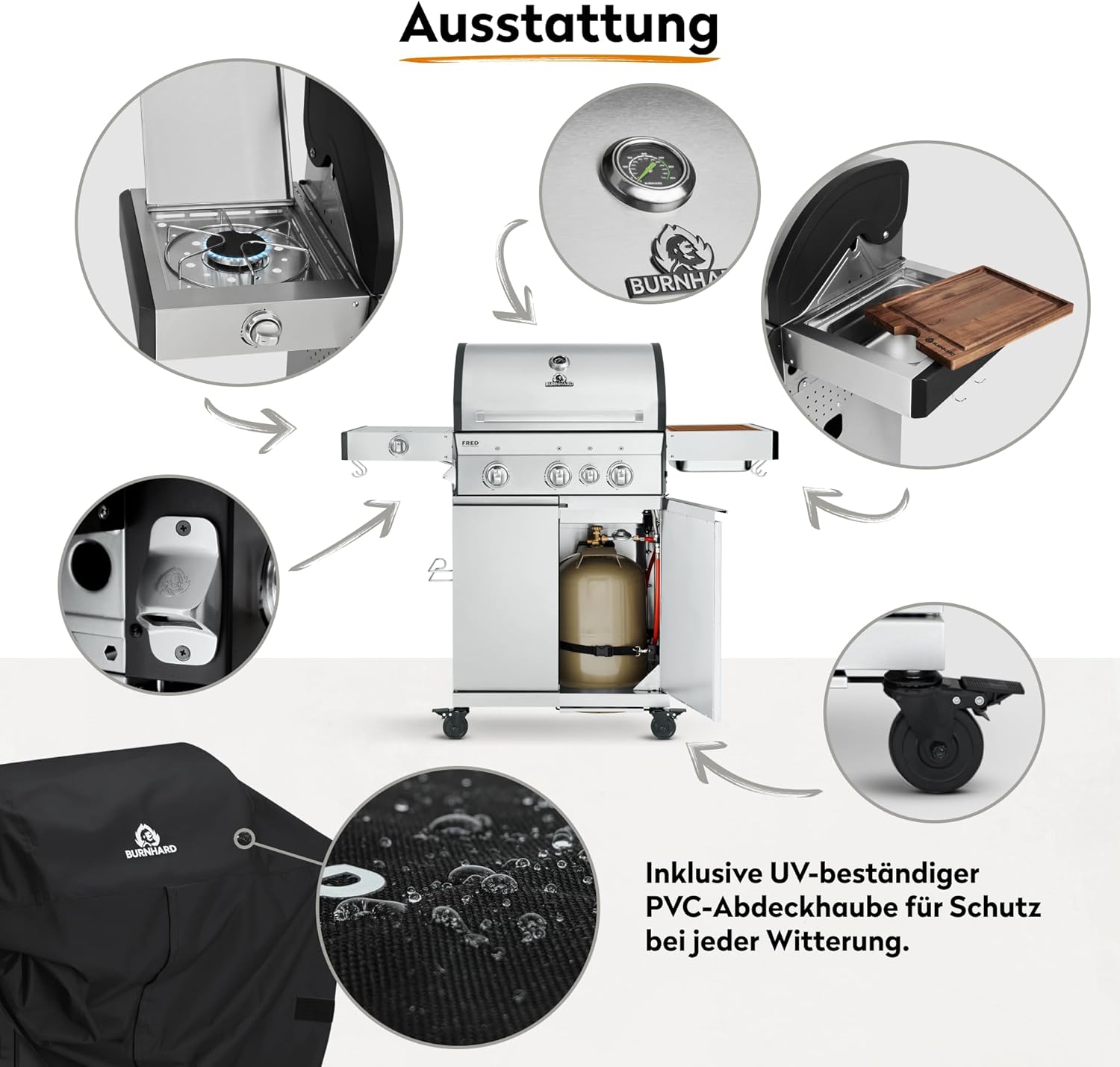 BURNHARD® Gasgrill 3-Brenner inkl. BACKBURNER, 900°C Infrarot-Keramikbrenner, Seitenkochfeld, Edelstahl-Grillrost, Grillabdeckung, Edelstahl-Grillwagen, klappbare Seitentische – FRED Deluxe