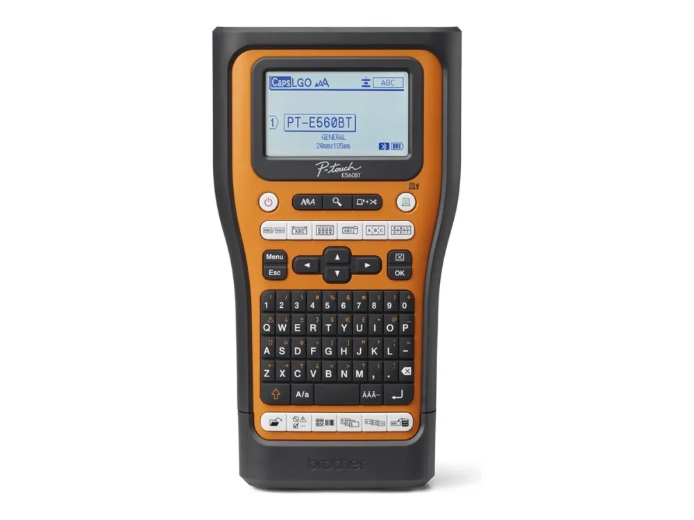 Brother P-Touch PT-E560BTVP - Etikettemaskine - S/H - termo transfer - Rulle (2,4 cm) - 180 dpi - op til 30 mm/sek. - USB 3.0, Bluetooth 5.0 - skærer - spejltryk, Full & Half Cut Function, printforhåndsvisning - sort og orange