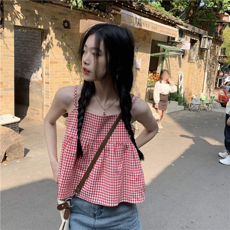 Shinsei - Gingham Flowy Camisole Top