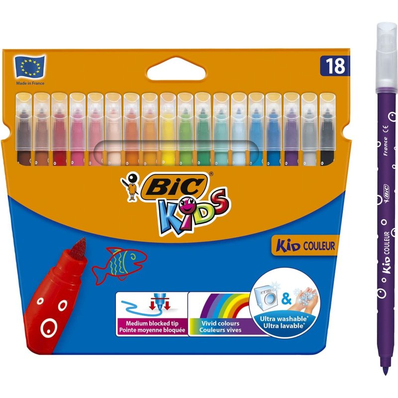 Feutre bic kids coloriage encre ultra-lavable capuchon ventilé pointe bloquée décor fantaisie pochette 18 unités