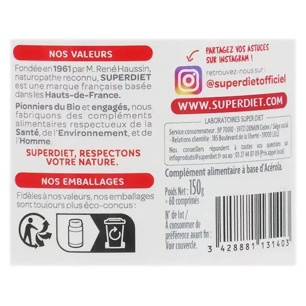Superdiet Acérola 1000 Bio 60 comprimés à croquer