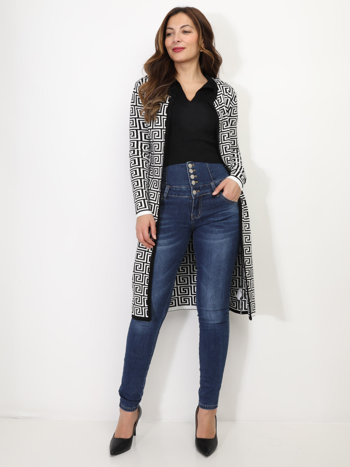 Gilet long à motif géométrique- Noir et Blanc