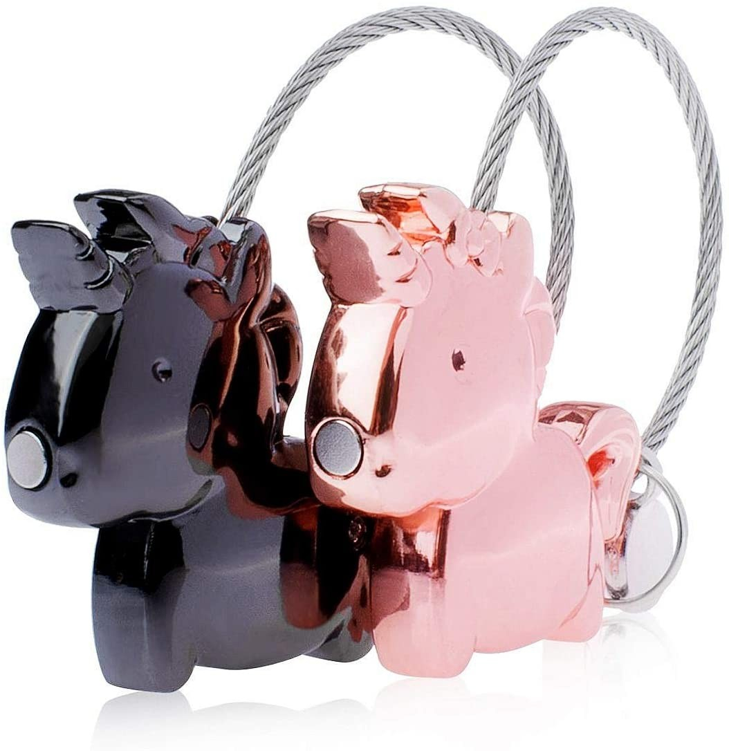(2er Set) Magnetische Metall Einhorn Schlüsselanhänger Couple Handtaschen Accessoire für Liebespaare / Feunde - Schwarz / Roségold