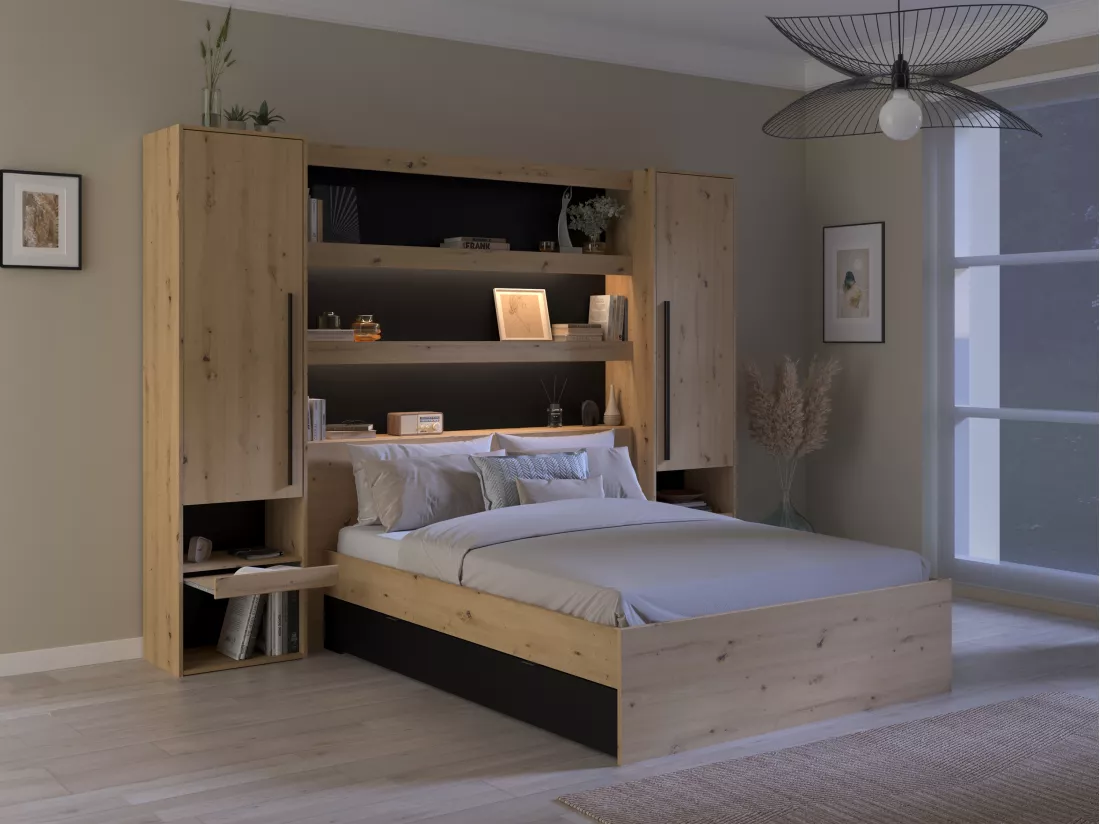 Lit pont 160 x 200 cm avec rangements - Avec LEDs - Coloris : Naturel et noir + Sommier - VARLY