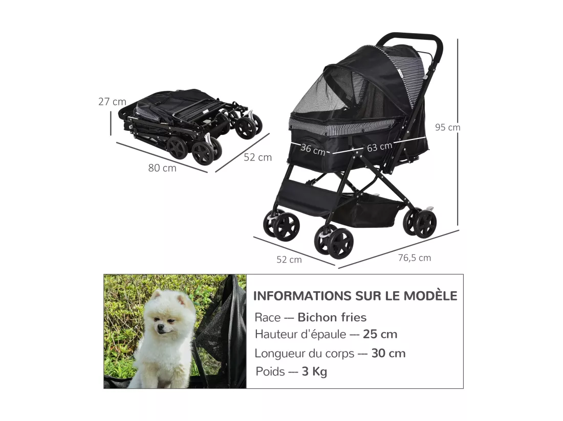 Poussette buggy pliable chien chat panier et sac de rangement attaches sécurité housse réglable poignée réglable acier Oxford noir
