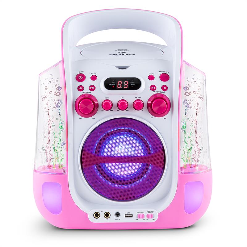 Kara Liquida Karaokeanlage CD USB MP3 Wasserstrahl LED 2x Mikro mobil Pink