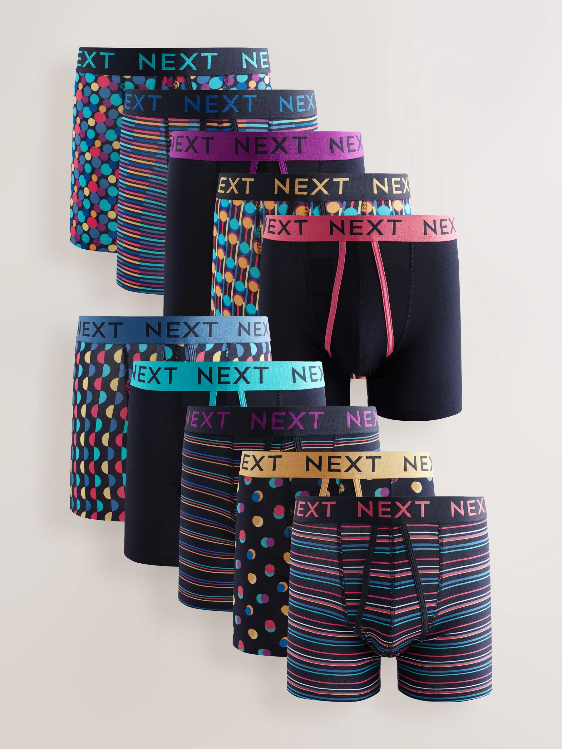 Marineblauwe kleur met opvallende stippen en strepen - Verpakking van 10 - Boxershorts met A-voorkant