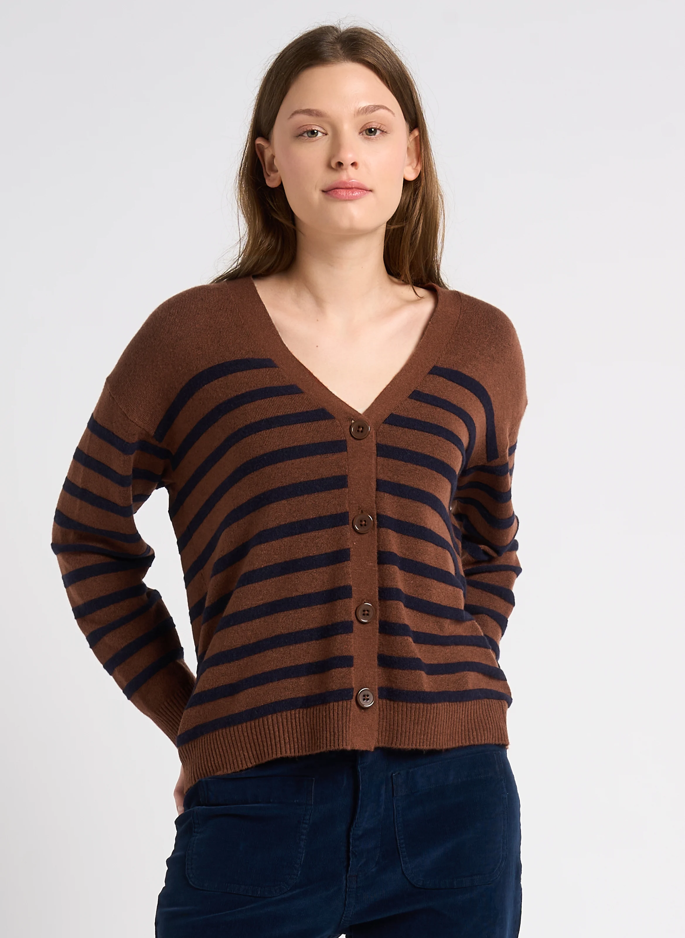 Gilet droit col V à rayures | Marron