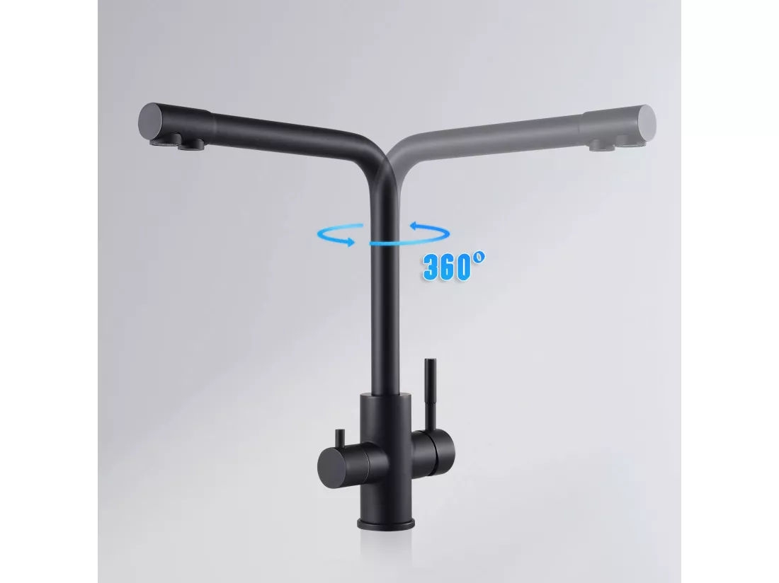 2PCS Robinet de Cuisine à 3 Voies, 3 en 1 Mitigeur de Cuisine pour Système D'osmose, Robinet D'eau Propre avec 2 Leviers de Commande Séparés Noir