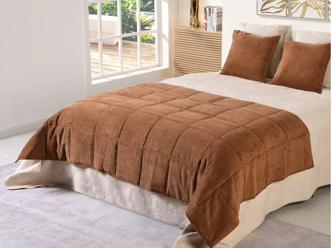 Couvre lit en velours côtelé - 125 x 225 cm - Terracotta - PRILIO