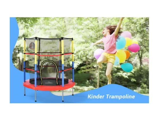 Trampoline pour enfants avec panier de basketball, 45 kg, taille totale (H*L) : 164x140 cm, rouge/jaune/bleu