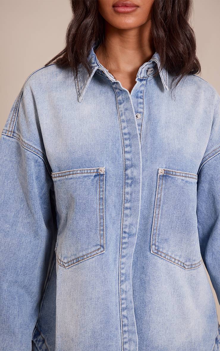 Mid Blue Wash Chemise En Jean Oversize Petite