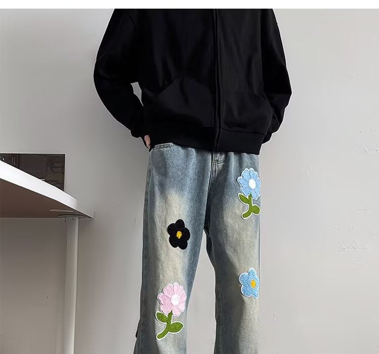 ROOSE - Mid Rise Washed Flower Wide Leg Jeans