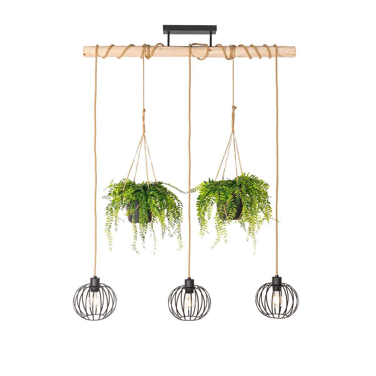 Landelijke hanglamp zwart met hout 3-lichts - Yura