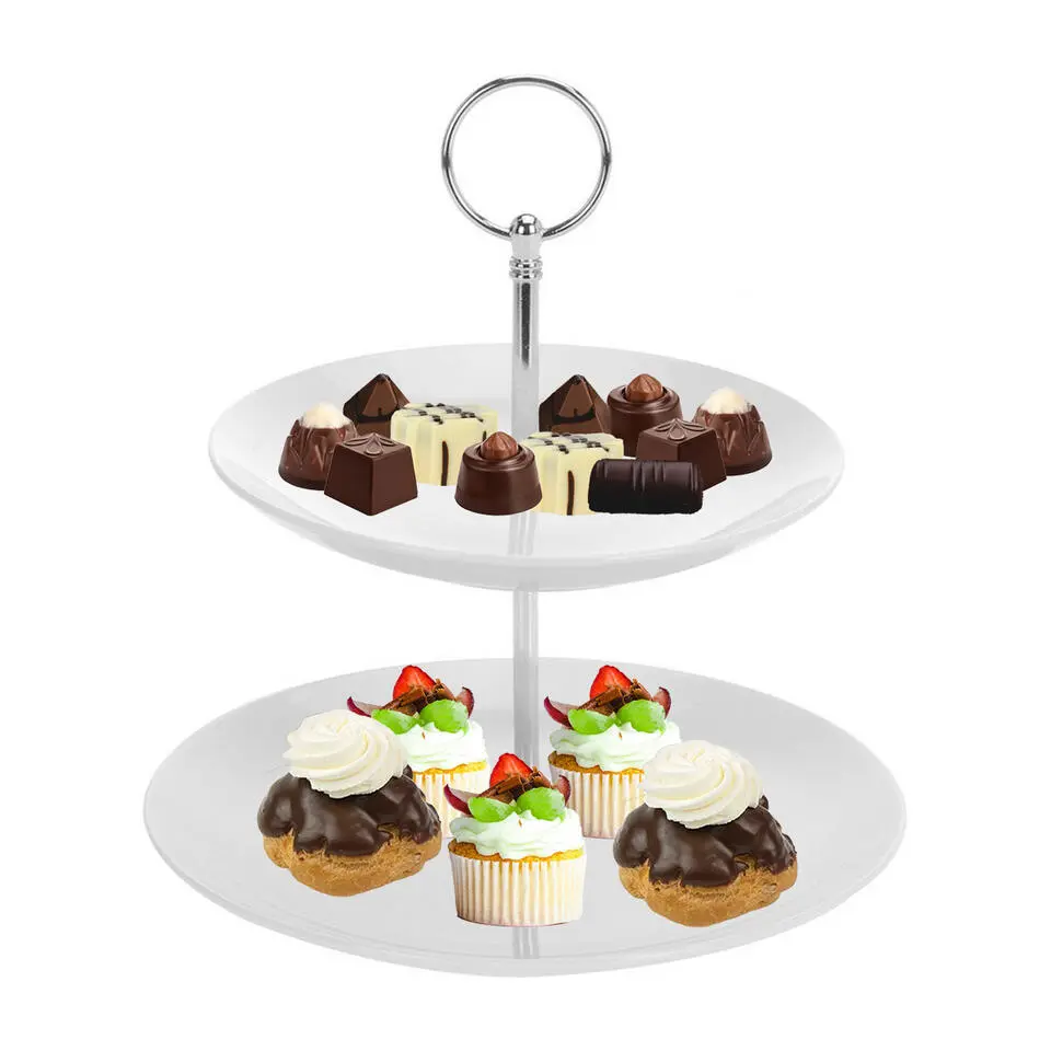 Excellent Houseware Etagere - porselein - 2-laags - met handvat