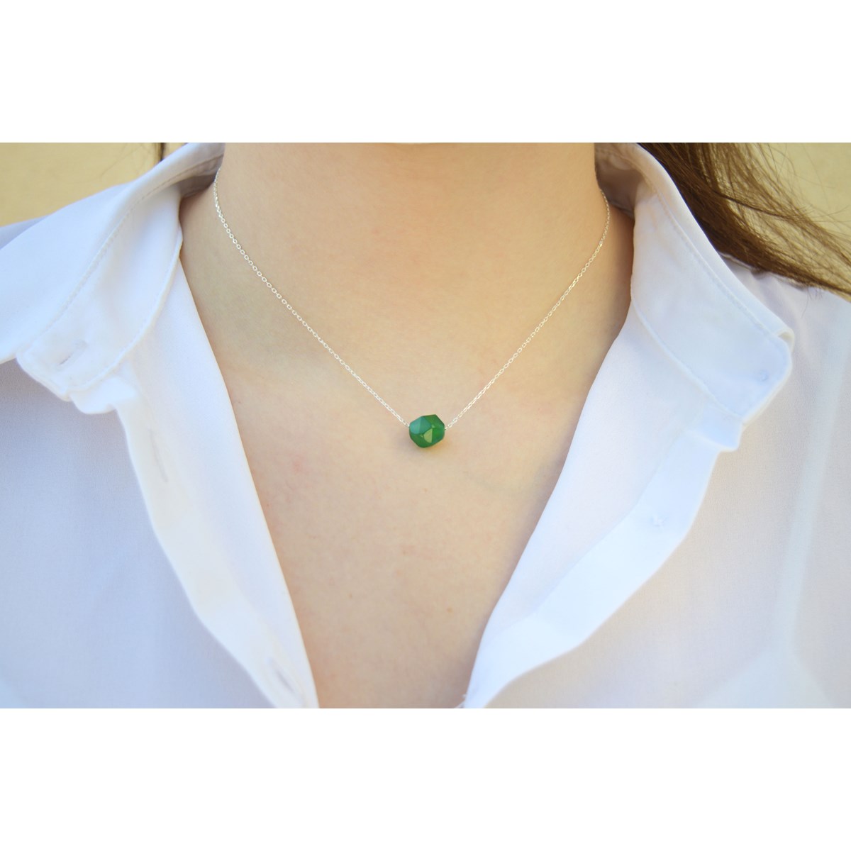 Collier orné de perles d'Agate verte argent 925