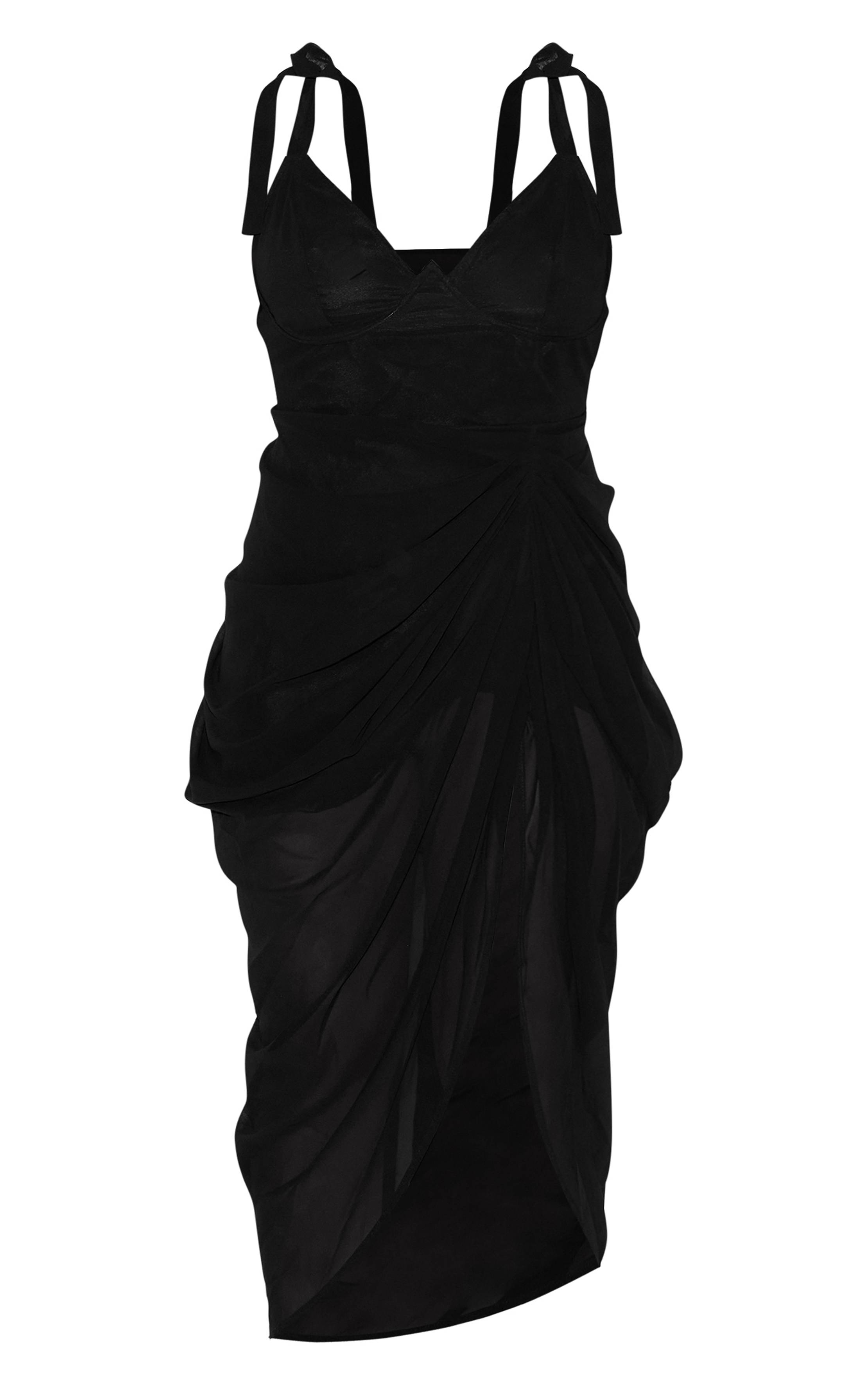 Noir Robe Midi Drapée Grande Taille Avec Détail À Armatures