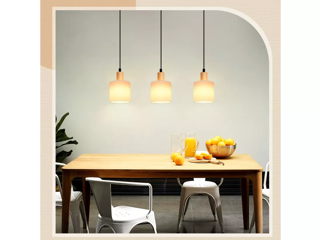NETTLIFE Suspension bois blanc Diam.47 cm E14 vintage rustique abat-jour en tissu suspendu pour restaurant cuisine salon bureau