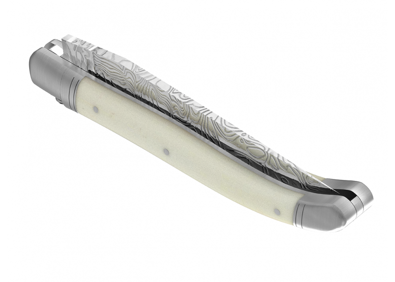 Couteau Laguiole collection damas avec un manche en os de bovin et 2 mitres en acier inoxydable