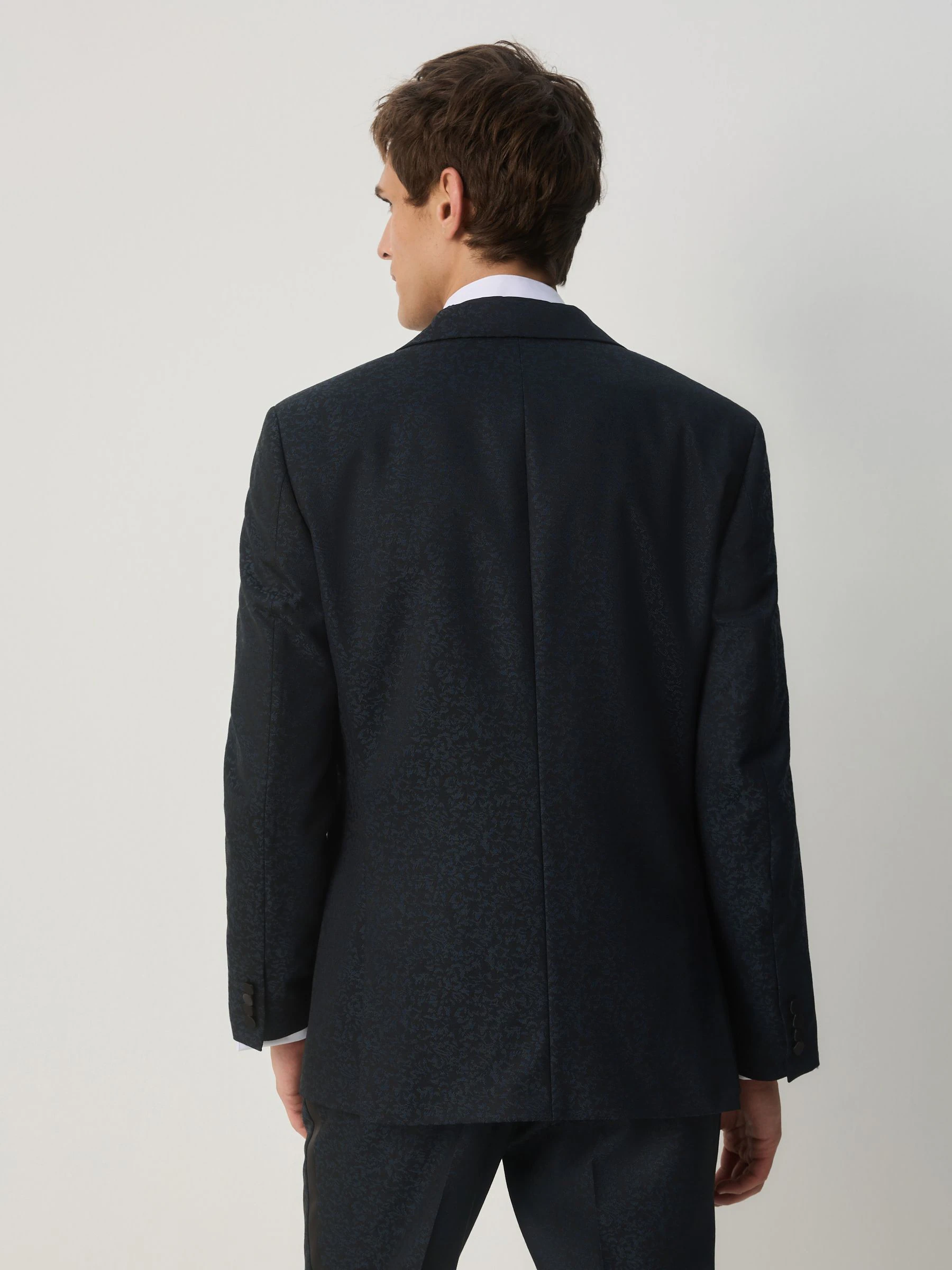 Donkerblauw - Slim Fit Jacquard Pattern Tuxedo Suit Jacket