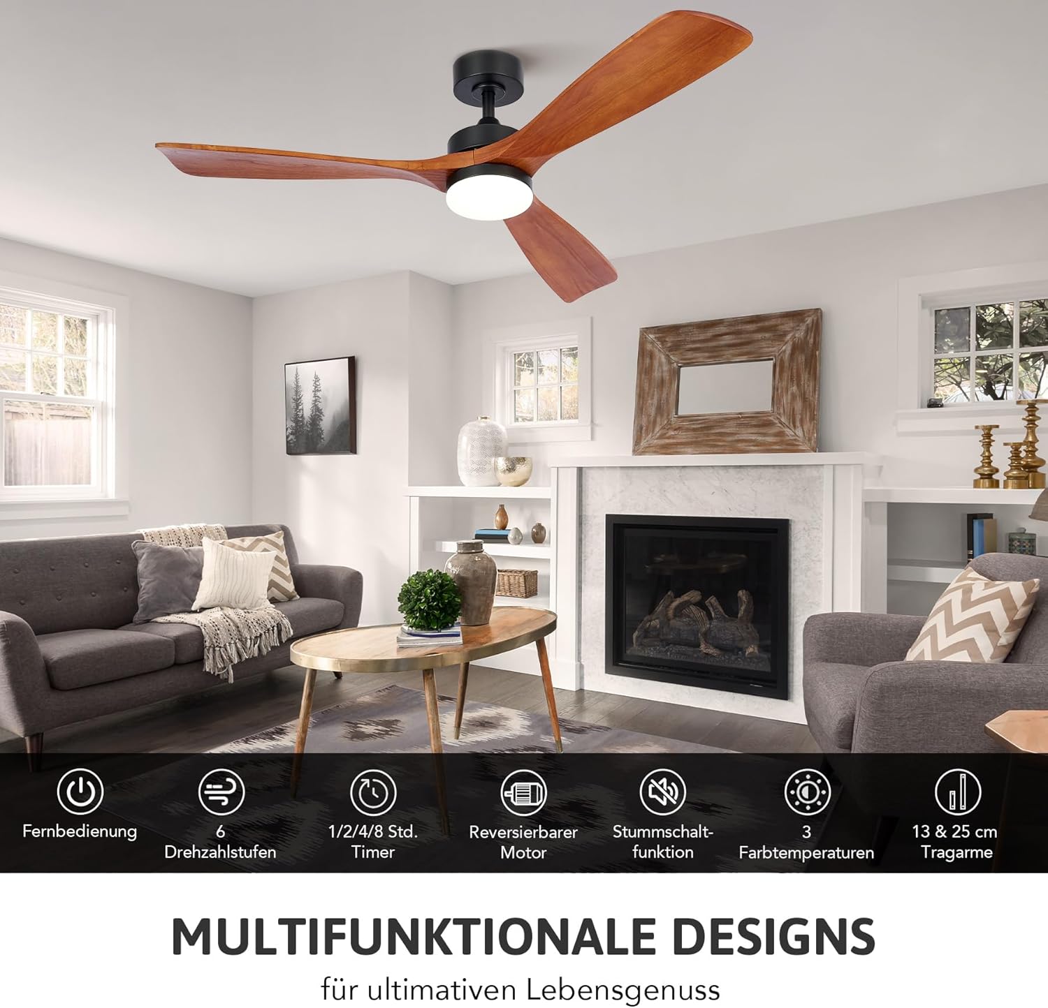 VONLUCE Deckenventilator mit Fernbedienung 52 Zoll Holz Ventilator LED-Leuchte Sommer&Winter-Betrieb Leiser DC-Motor für Innen und überdachten Außenbereich, Walnuss