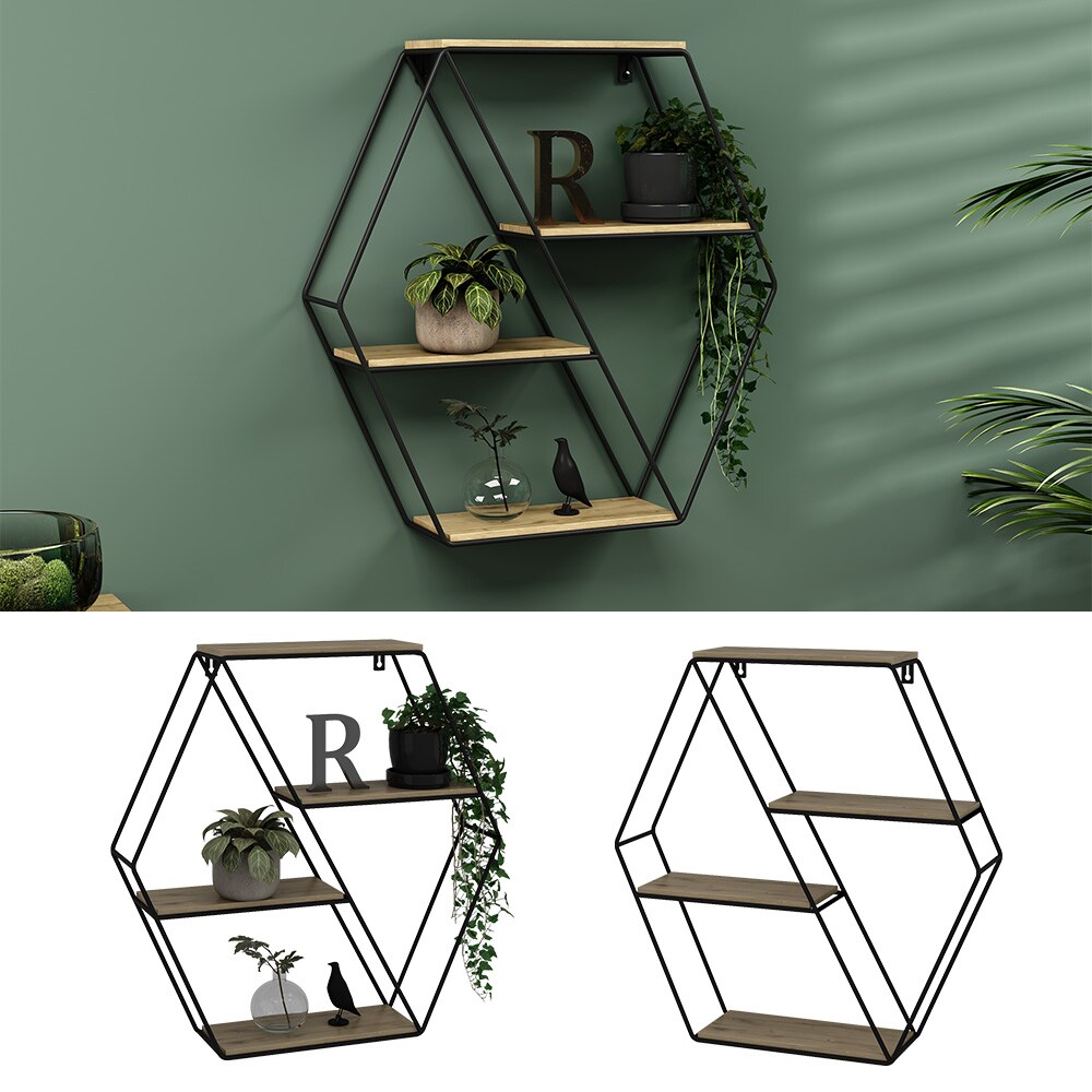 Vicco Wandregal Fyrk, hexagon, 51 x 52 cm, Eiche Schwarz, Metall, Hängeregal, Industrial
