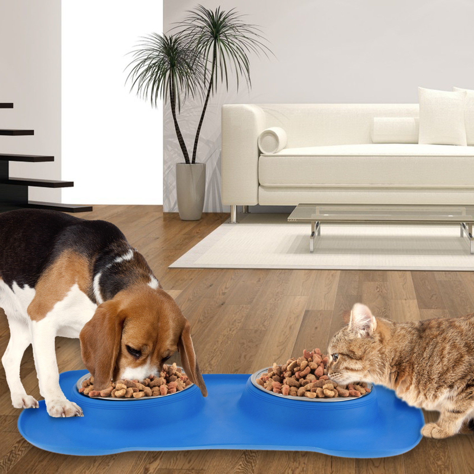 Tigela para animais de estimação em aço inoxidável. Alimentador para cães e gatos com bandeja de silicone antiderrapante.