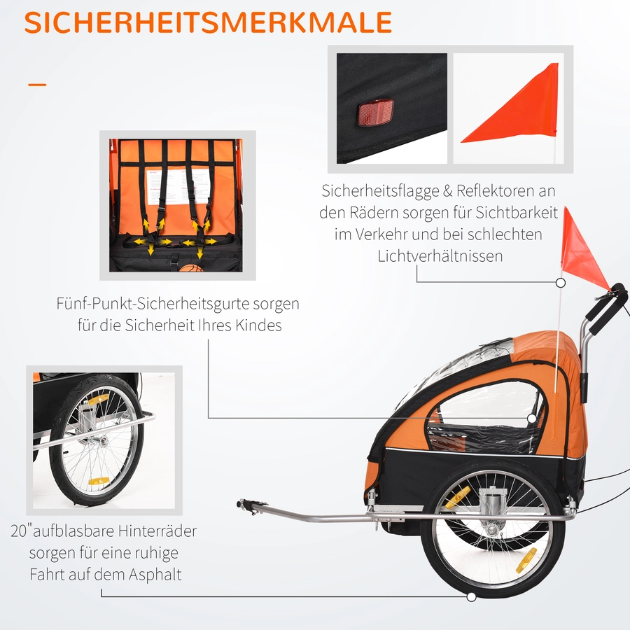 HOMCOM Kinderanhänger mit Staufach orange, schwarz