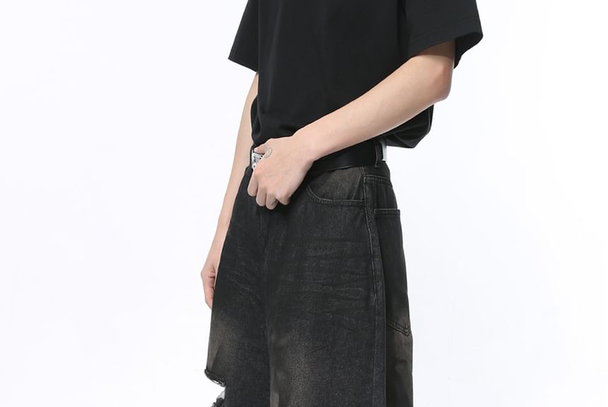 FAERIS - Mid Rise Washed Distressed Wide Leg Jeans