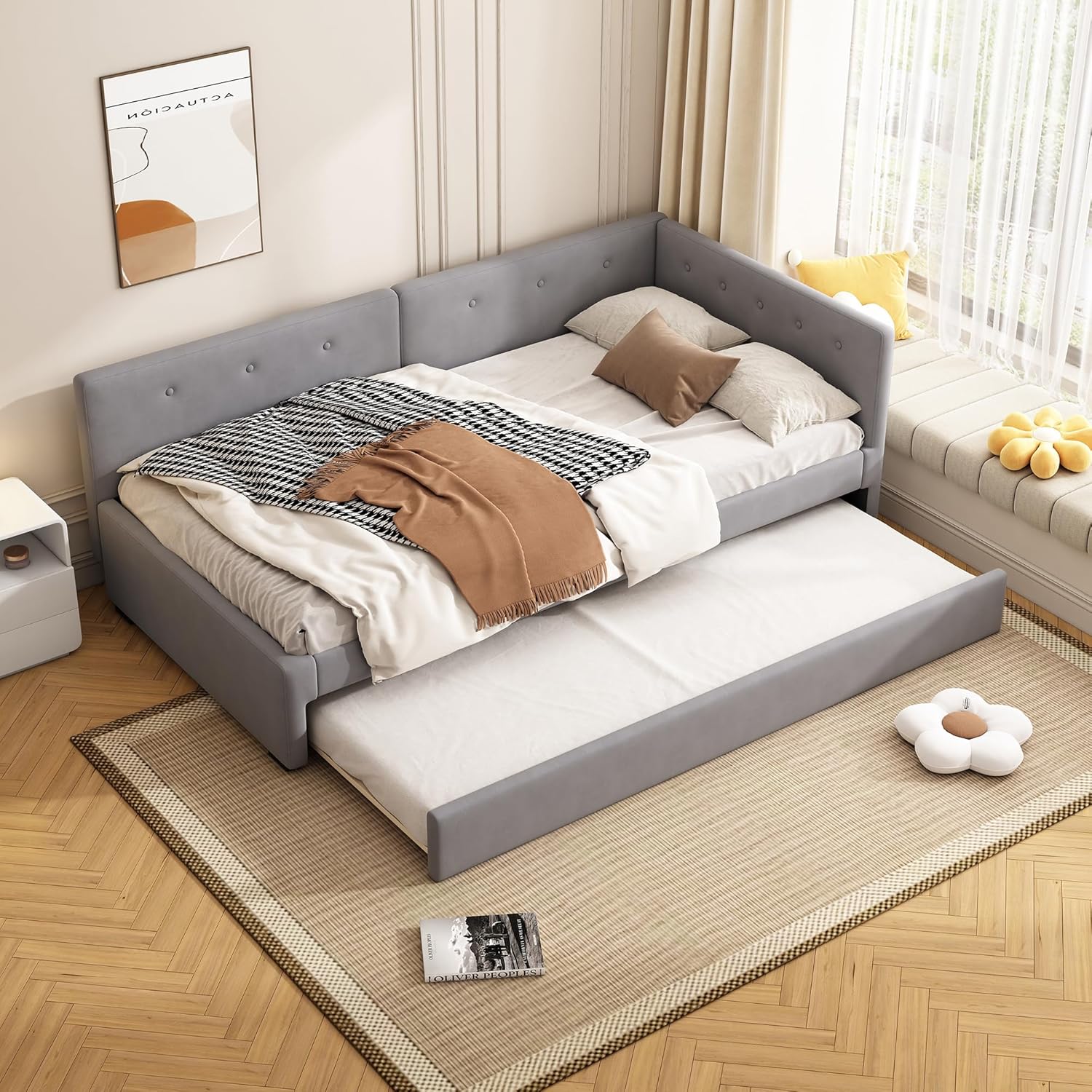 Polsterbett Schlafsofa 90x200 cm, Einzelbett mit Ausziehbett, L-förmiges Gästebett Daybett Tagesbett, Bettgestell mit Lattenrost, Samt, Ohne Matratze, Grau