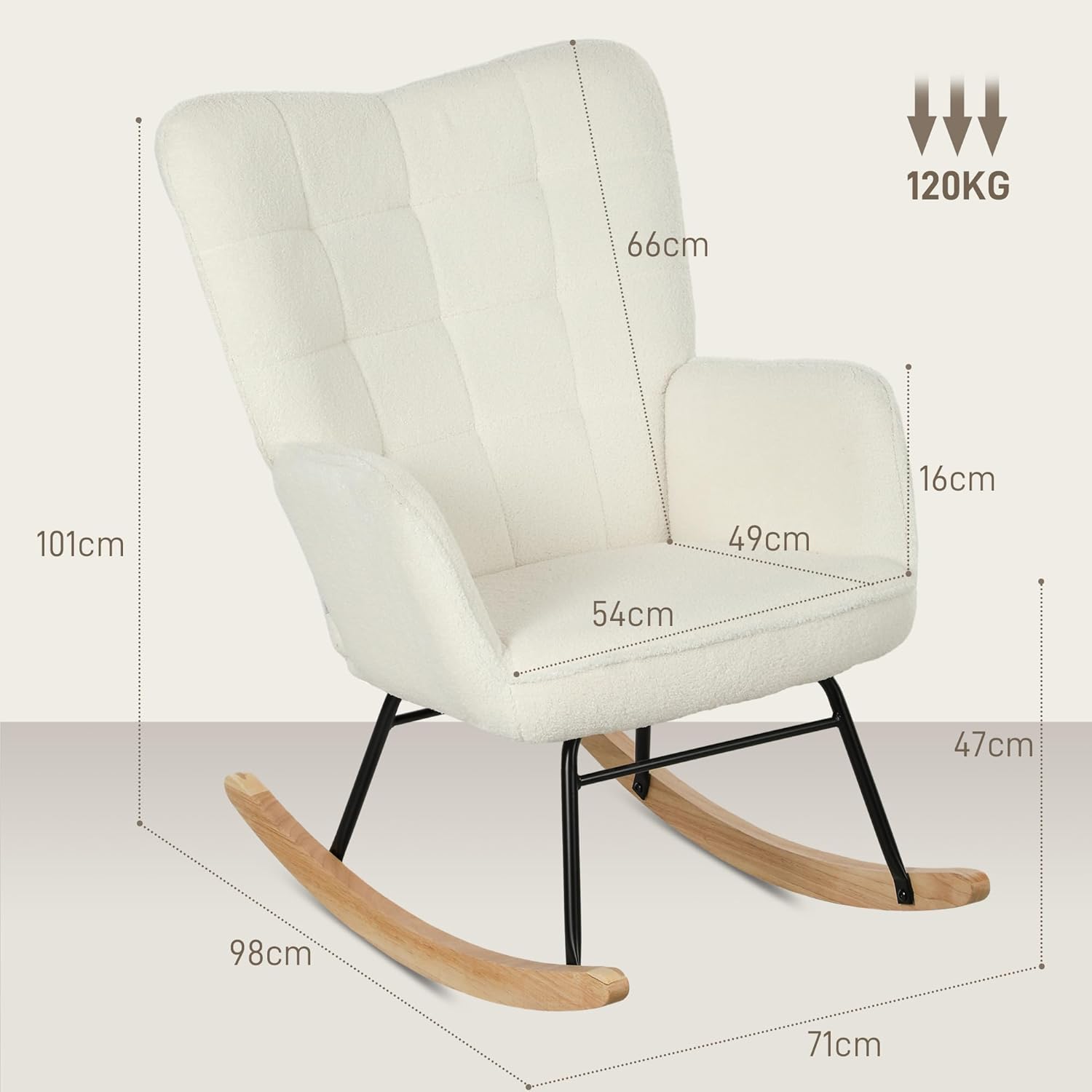 HOMCOM Schaukelstuhl, Schaukelsessel mit Berbervliesoptik, Armlehne, Gepolsterter Sessel mit Holzkufen, Relaxsessel für Wohnzimmer, Schlafzimmer, bis 120kg belastbar, Weiß