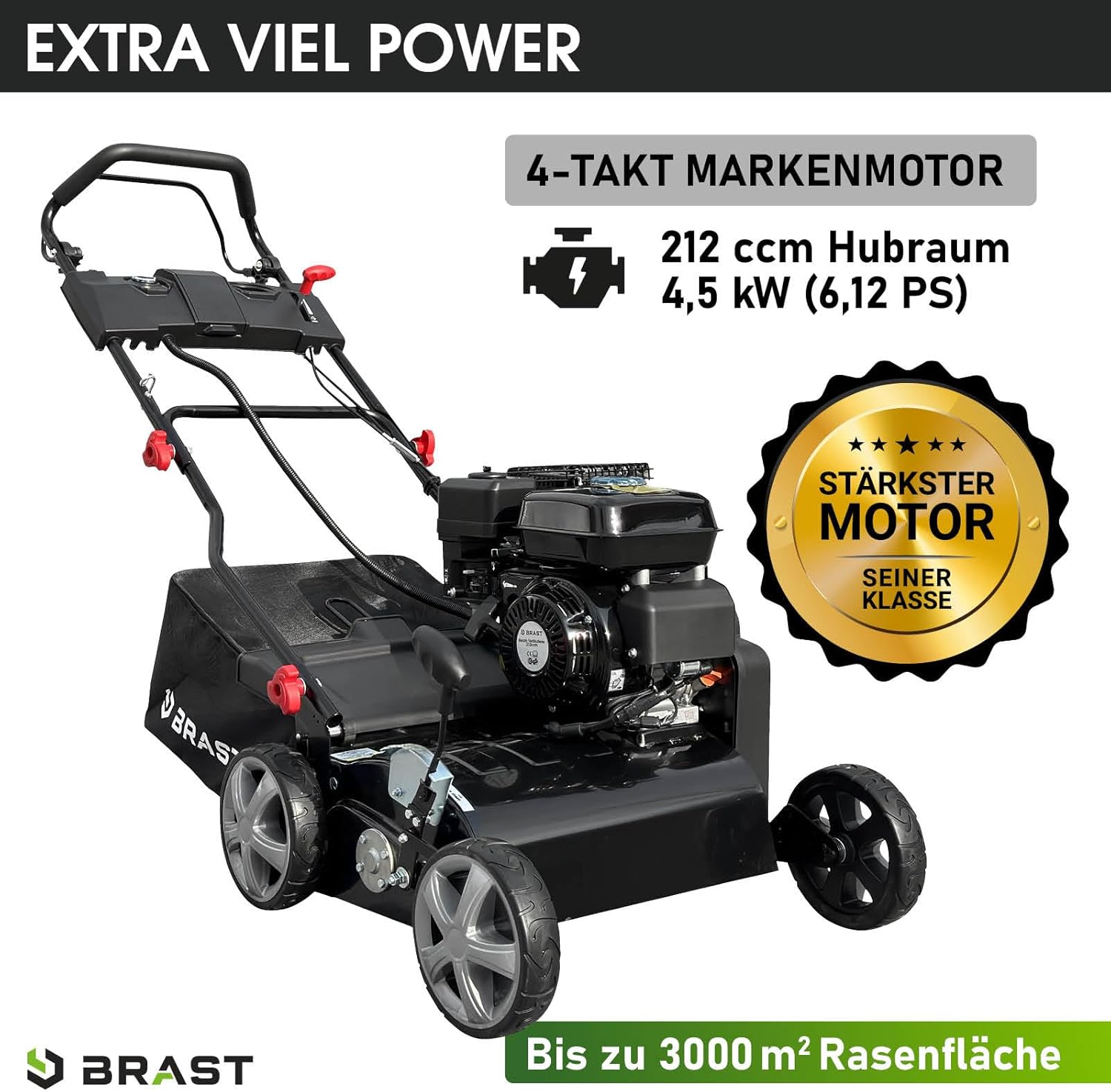 BRAST® Vertikutierer Benzin 4,5kW (6,12PS) | 4-Takt Motor 212ccm | 40-45cm Arbeitsbreite | TÜV geprüft | 50L Fangkorb | viele Modelle für kleine bis sehr große Rasenflächen | BRB-RV-45212 Estart