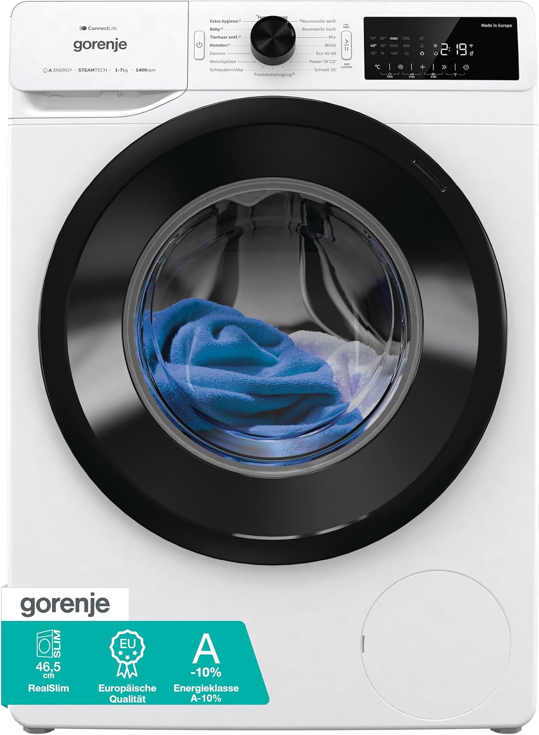 Gorenje WPAM74SA1T Waschmaschine mit Dampffunktion/Slim/ConnectLife / 7Kg / 1400 U/min/15 Programme/Totaler AquaStop/Wave Active Trommel/ExtraHygiene/PowerWash/Schnell Waschgang/EEK: A-10%