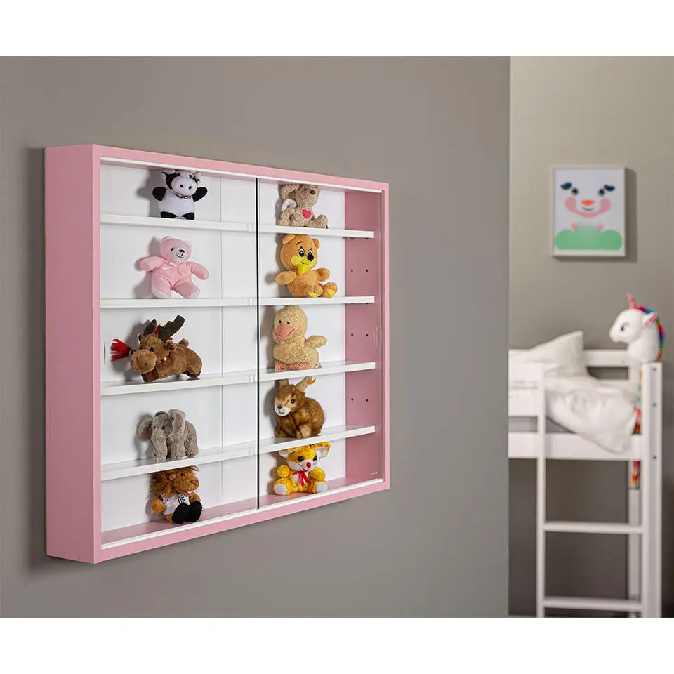 Hioshop Pinkruby vitrinekast vitrinekast- 2 schuifdeuren roze- wit