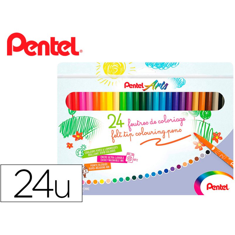 Boite de 24 feutres de coloriage pental encre ultra  lavable pointe moyenne 3,9mm