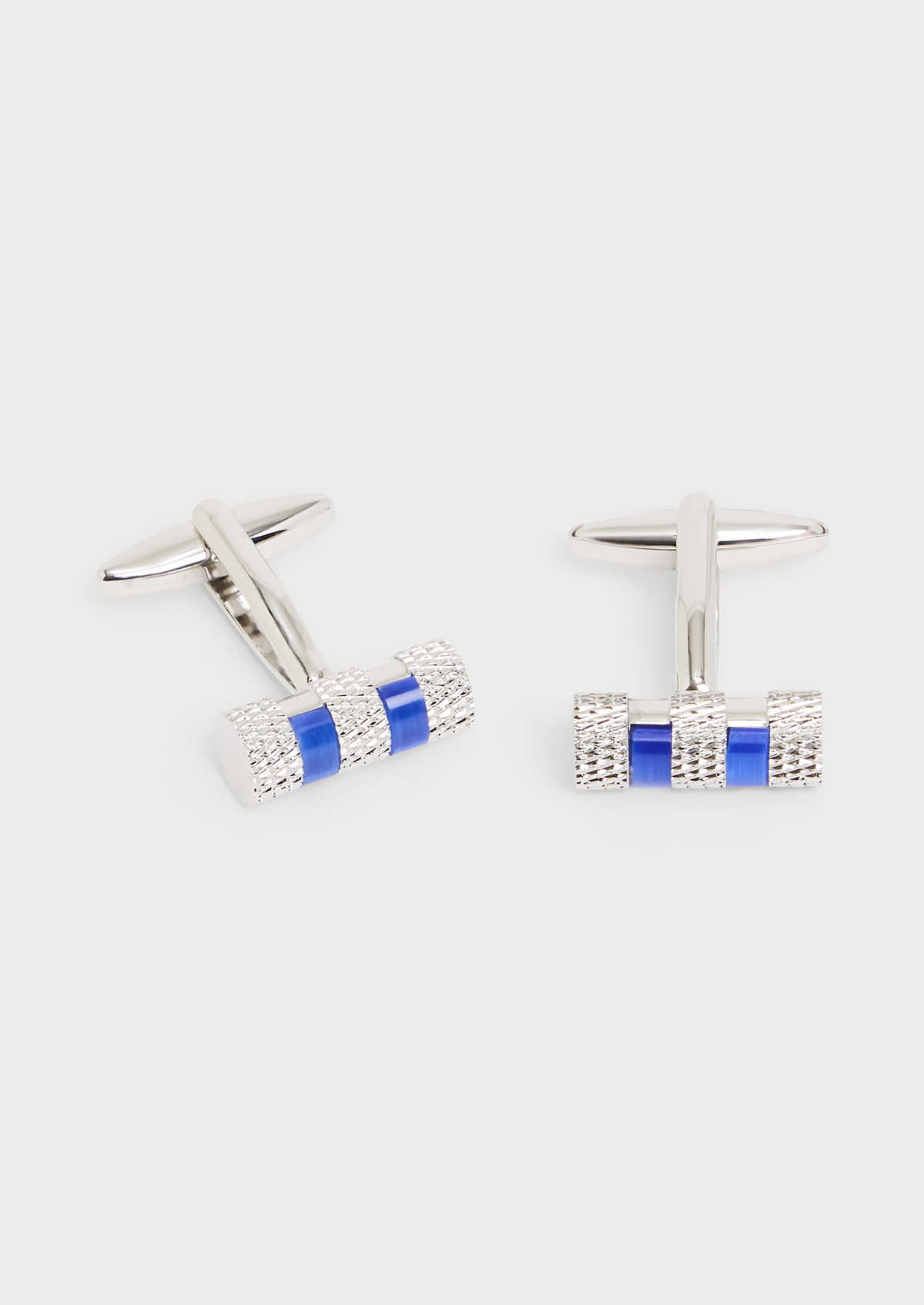 Boutons de manchettes cylindres argent avec inserts en émail bleu cobalt
