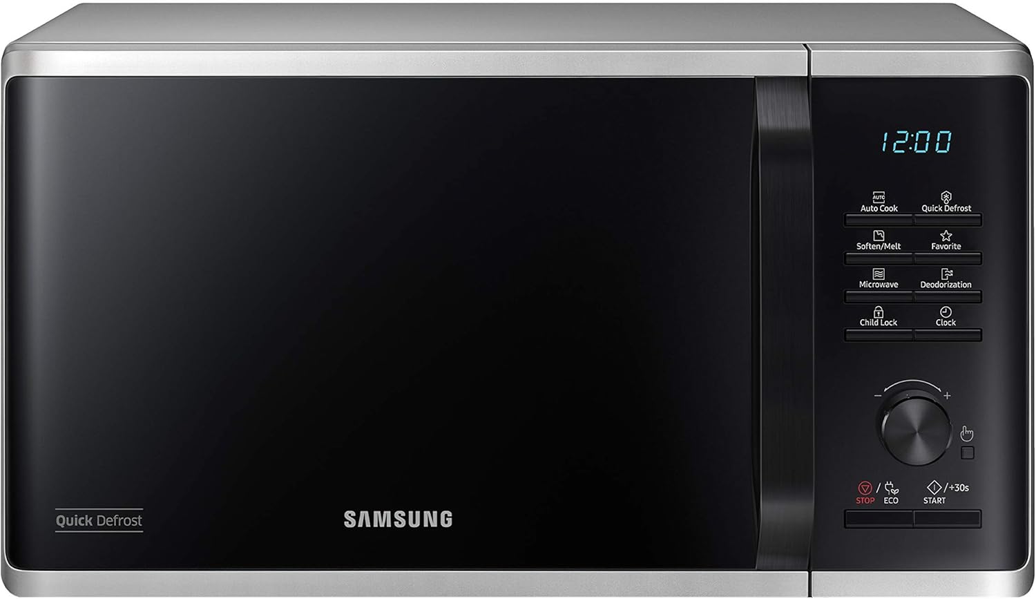 Samsung MS2AK3515AS/EG Mikrowelle, 800 W, 23 ℓ Garraum, 48,9 cm Breite, Kratzfester Keramik-Emaille-Inneraum, QuickDefrost Auftauprogramme, Silber