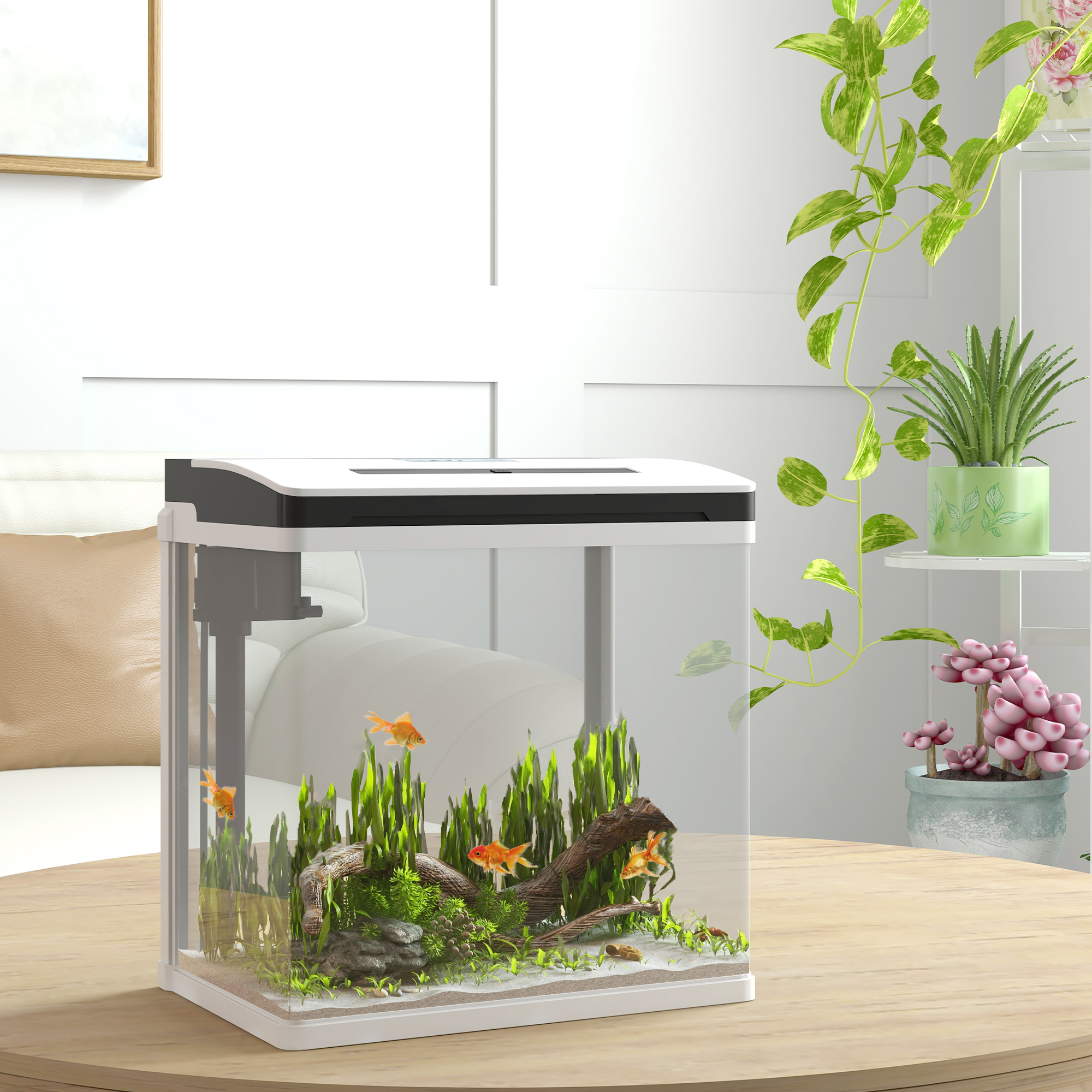 Aquário de vidro PawHut de 13 litros, pequeno, com sistema de filtragem, iluminação LED e bomba de água, 29 x 20 x 30,5 cm, branco.