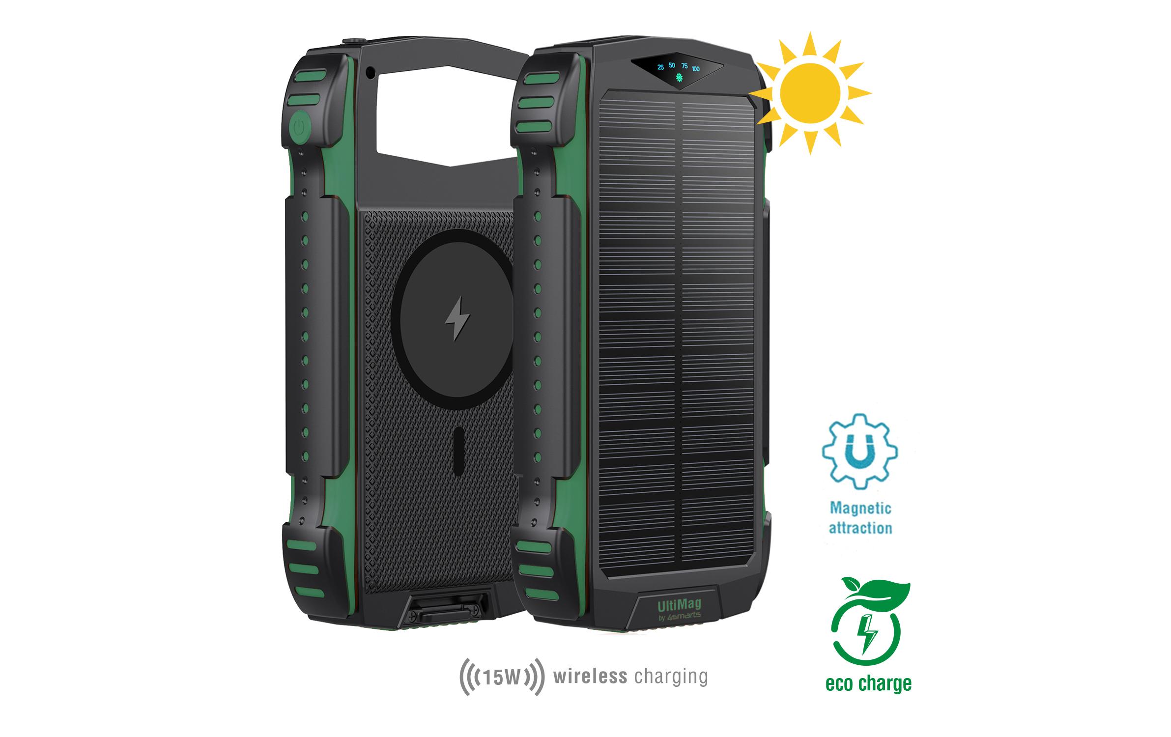 Solar-Powerbank Rugged TitanPack UltiMag 20000 mAhRobuste, wasserdichte Outdoor 20000-mAh-Powerbank mit integriertem Qi-Charger und Solarpanel